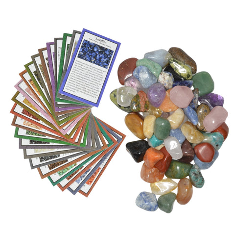 2 lbs Medium Tumbled Polished Natural Gem Stones with Educational Rock Information and Identification Cards - avg 0.25" to 0.75"