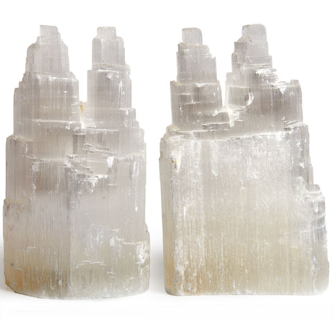 2 pcs of Handcrafted Natural Selenite Double Skyscraper Lamps - 8 Inch Avg.